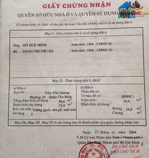 Bán nhà đất Đường Trần Văn Quang – Phường cũ 10 Quận Tân Bình – Thành phố Hồ Chí Minh 25 m² 2690000000