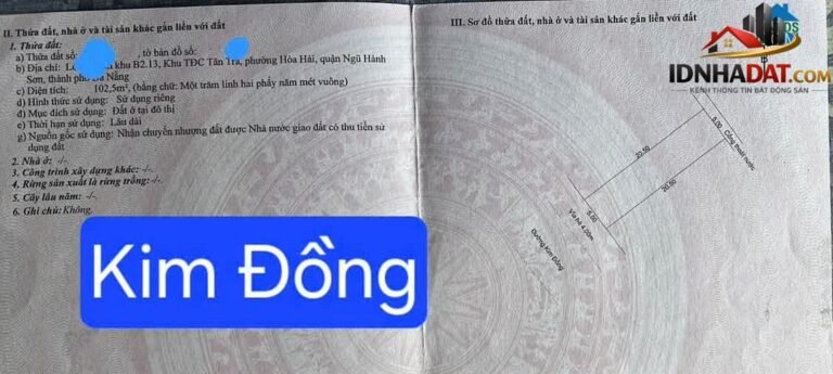 Bán đất Đường Kim Đồng – Phường cũ Hòa Hải Quận Ngũ Hành Sơn – Thành phố Đà Nẵng 103 m² 5.5 tỷ