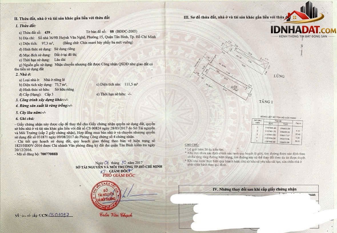 Bán nhà đất Đường Huỳnh Văn Nghệ – Phường cũ 15 Quận Tân Bình – Phường mới 15 – Thành phố Hồ Chí Minh 98m2 8.5 tỷ
