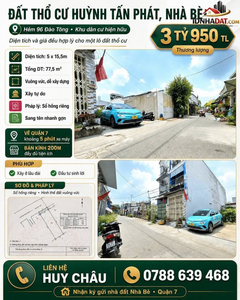 Bán đất Nhơn Đức Huyện Nhà Bè Thành Phố Hồ Chí Minh 77m2 giá 3 tỷ 950 triệu