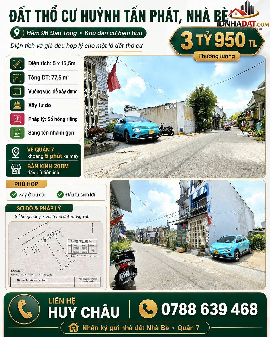 Bán đất Nhơn Đức Huyện Nhà Bè Thành Phố Hồ Chí Minh 77m2 giá 3 tỷ 950 triệu