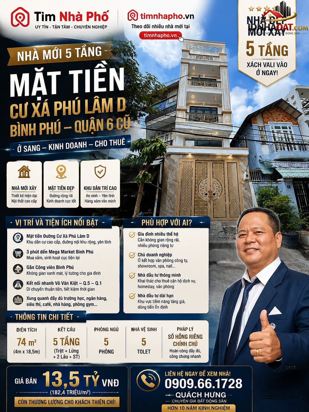 Nhà mới 5 tầng – mt cư xá phú lâm d bình phú quận 6 – chỉ 13.5 tỷ – tìm nhà phố 74m2
