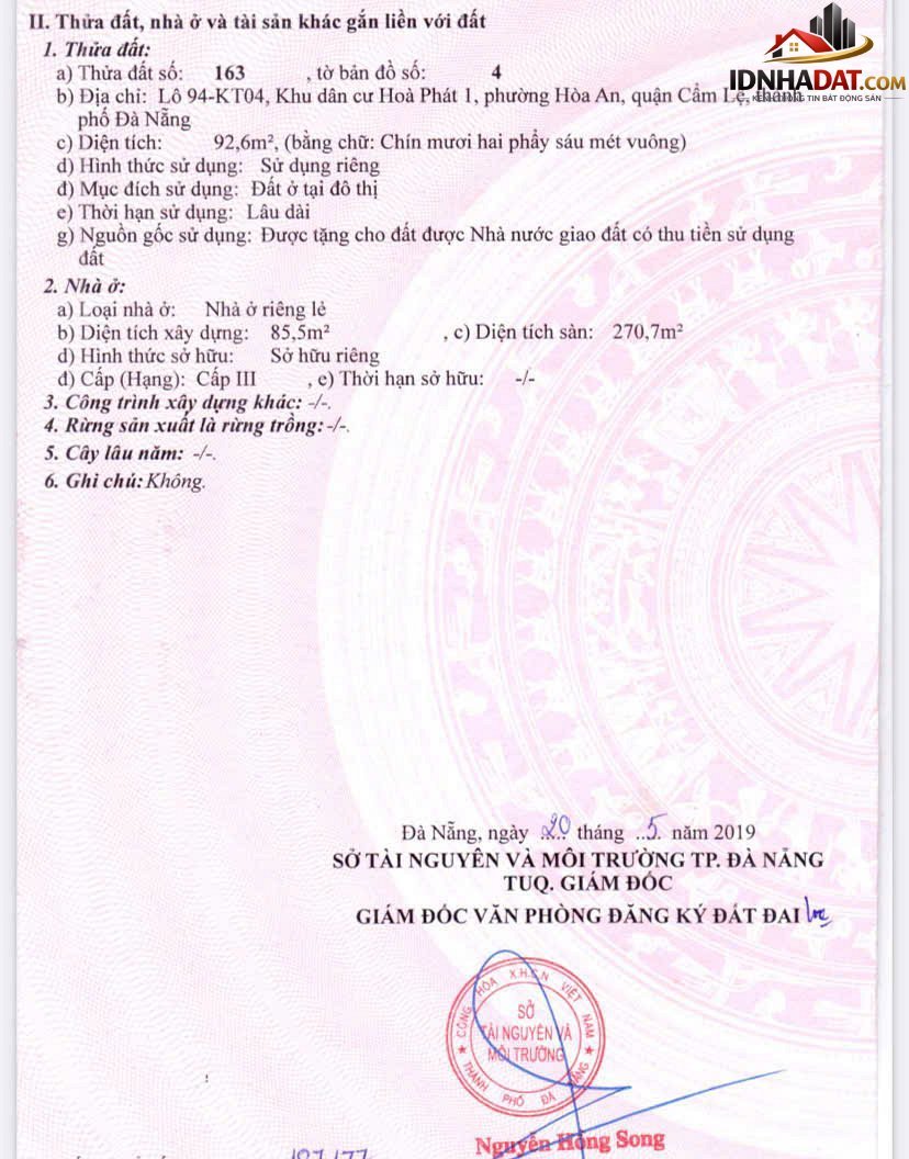 Bán nhà đất Đường Bắc Sơn – Phường cũ Hòa An Quận Cẩm Lệ – Phường mới Hòa An – Thành phố Đà Nẵng 93m2 12 tỷ