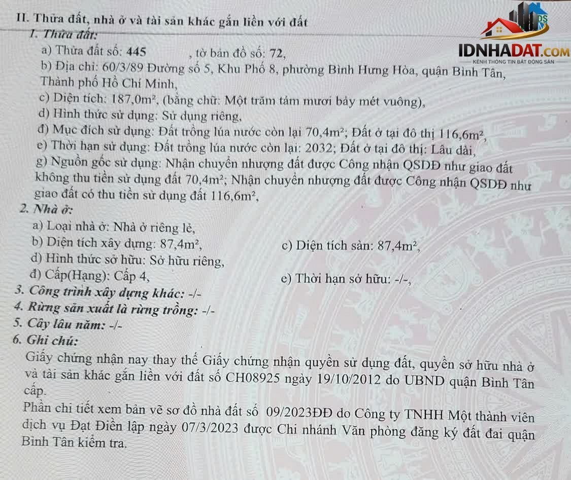 Bán nhà đất Đường số 5 – Phường cũ Bình Hưng Hoà Quận Bình Tân – Thành phố Hồ Chí Minh 187 m² 18 tỷ