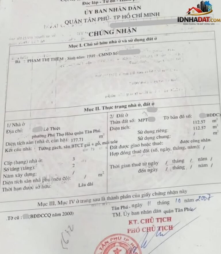 Bán nhà đất Đường Lê Thiệt – Phường cũ Phú Thọ Hoà Quận Tân Phú – Thành phố Hồ Chí Minh 112 m² 13.5 tỷ