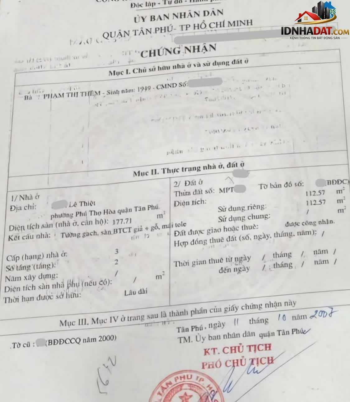 Bán nhà đất Đường Lê Thiệt – Phường cũ Phú Thọ Hoà Quận Tân Phú – Thành phố Hồ Chí Minh 112 m² 13.5 tỷ