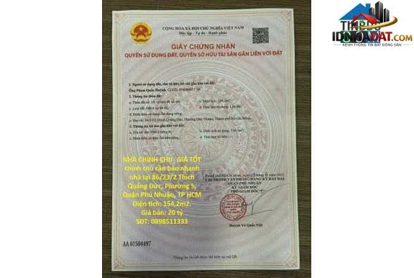 Bán nhà đất Đường Thích Quảng Đức – Phường cũ 5 Quận Phú Nhuận – Thành phố Hồ Chí Minh 154 m² – 20 tỷ