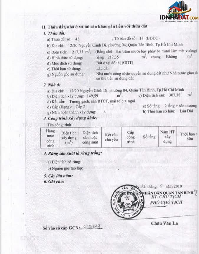 Bán nhà đất Đường Nguyễn Cảnh Dị – Phường cũ 4 Quận Tân Bình – Thành phố Hồ Chí Minh 217 m² 36.8 tỷ