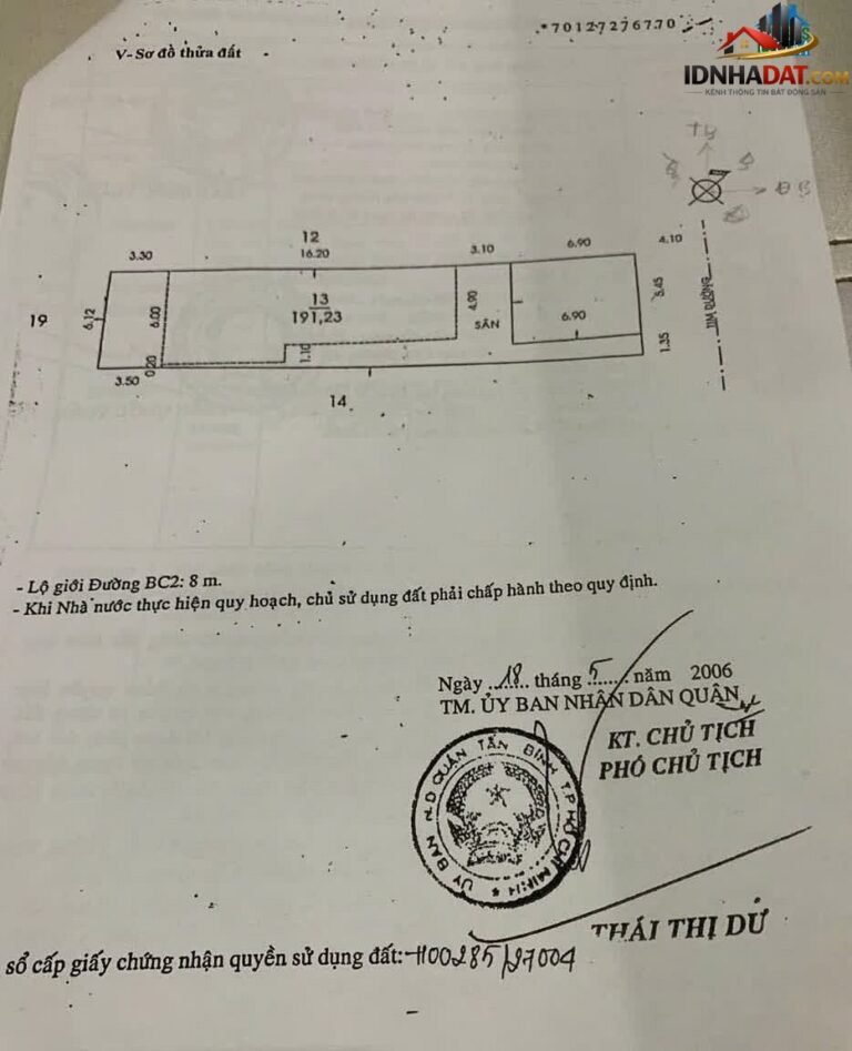 Bán nhà đất Đường Bàu Cát 2 – Phường cũ 14 Quận Tân Bình – Thành phố Hồ Chí Minh 191 m² 38 tỷ