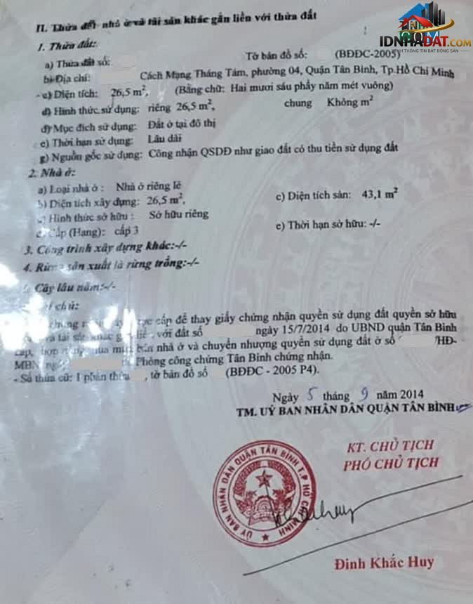 Bán nhà đất Đường Cách Mạng Tháng 8 – Phường cũ 4 Quận Tân Bình – Thành phố Hồ Chí Minh 33 m² 3.94 tỷ