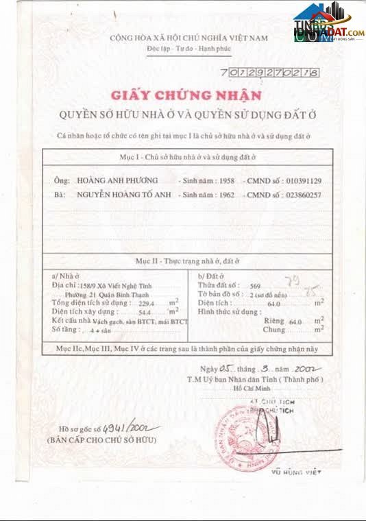 Bán nhà đất Đường Xô Viết Nghệ Tĩnh – Phường cũ Thạnh Mỹ Tây Quận Bình Thạnh – Thành phố Hồ Chí Minh 64m² 16 tỷ