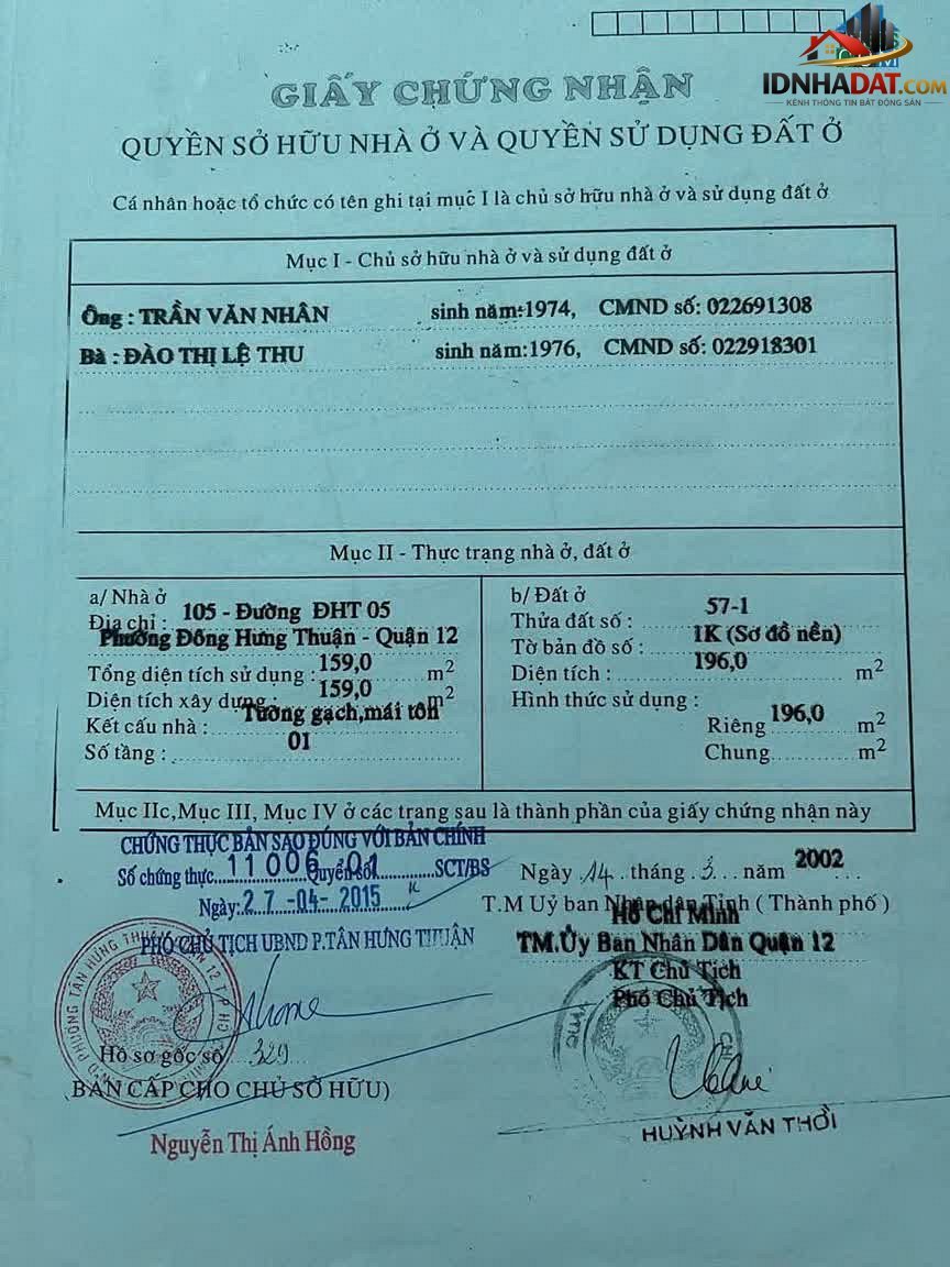 Bán nhà đất Đường Đông Hưng Thuận 5 – Phường cũ Đông Hưng Thuận Quận 12 – Thành phố Hồ Chí Minh – 204 m² – 13 tỷ