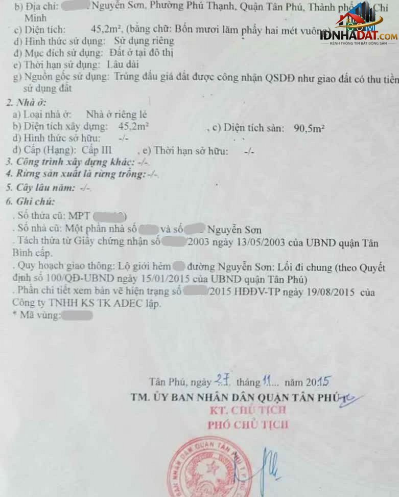 Bán nhà đất Đường Nguyễn Sơn – Phường cũ Phú Thọ Hòa Quận Tân Phú – Thành phố Hồ Chí Minh 46 m² 3.95 tỷ