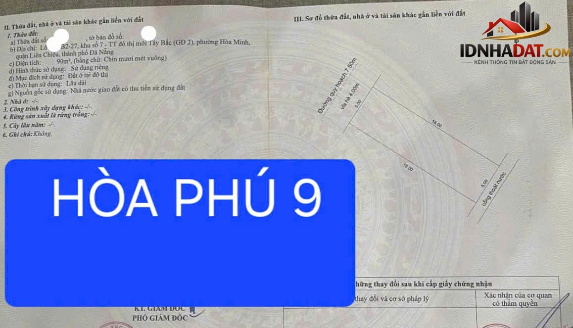 Bán đất mặt tiền đường hòa phú 9 – vị trí đẹp -đường 7,5m – Đường Hòa Phú 9 – Phường cũ Hòa Minh Quận Liên Chiểu – Phường mới Hòa Khánh – Thành phố Đà Nẵng 90m2 6 tỷ