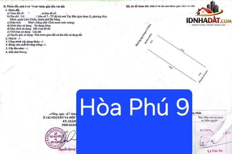 Bán đất đường hòa phú 9 – Phường cũ Hòa Minh Quận Liên Chiểu – Phường mới Hòa Khánh – Thành phố Đà Nẵng diện tích 90m2 giá 5550000000