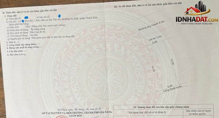 Bán đất trung tâm thanh khê – đường Tân Hòa 7 – Phường cũ An Khê Quận Thanh Khê – Phường mới An Khê – Thành phố Đà Nẵng – Diện tích 70m2 – Giá 4.48 tỷ