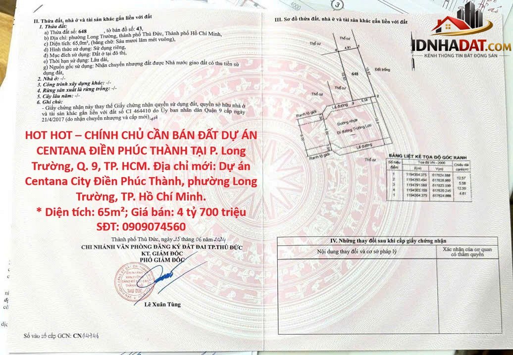 Hot hot chính chủ cần bán đất dự án centana điền phúc thành tại p. long trường, q. 9, tp. hcm Bán nhà đất Đường Phường Long Trường – Phường cũ Long Trường – Quận 9 – Phường mới Long Trường – Thành phố Hồ Chí Minh 65m2 4.7 tỷ