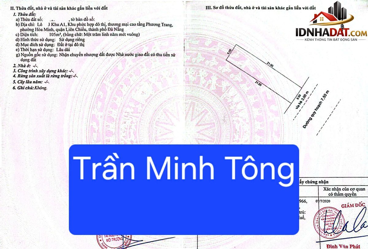 Bán đất mặt tiền đường trần minh tông – gần biển – Đường Trần Minh Tông – Phường cũ Hòa Minh Quận Liên Chiểu – Phường mới Hòa Minh – Thành phố Đà Nẵng 105m2 8250000000