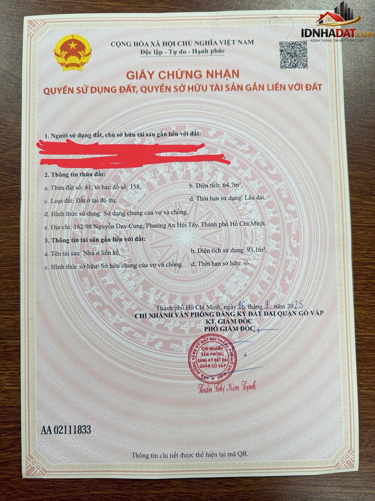Bán nhà 1 trệt 1 lầu 162/98 Nguyễn Duy Cung – Phường cũ 12 Quận Gò Vấp – Phường mới An Hội Tây – Thành phố Hồ Chí Minh 93m2 8.2 tỷ