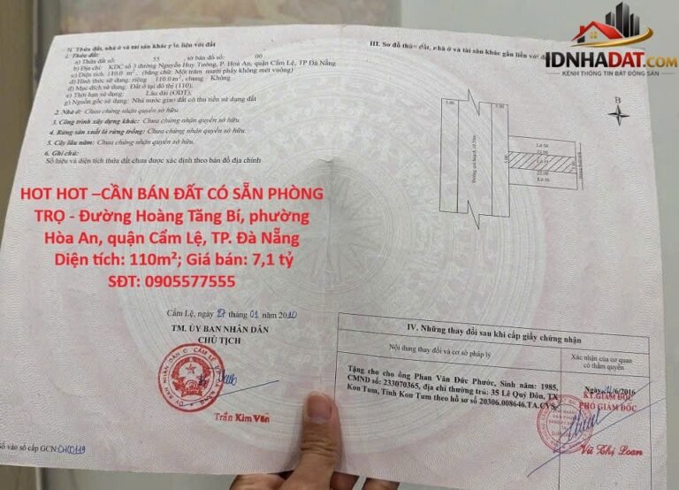 Cần bán đất có sẵn phòng trọ Đường Hoàng Tăng Bí – Phường Hòa An Quận Cẩm Lệ – Thành phố Đà Nẵng 110m2 7.1 tỷ