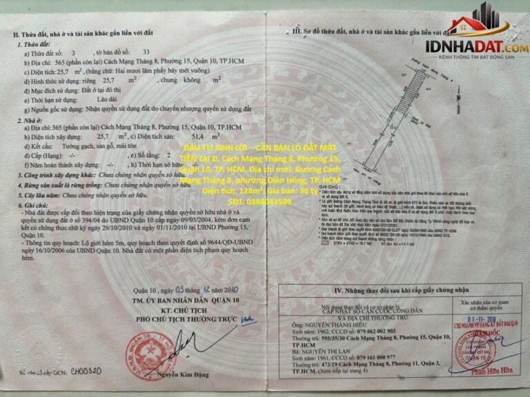 Đầu tư sinh lời cần bán lô đất mặt tiền tại đ. cách mạng tháng 8, phường 15, quận 10, tp. hcm – Bán nhà đất Đường Cách Mạng Tháng 8 – Phường cũ 15 Quận 10 – Phường mới Diên Hồng – Thành phố Hồ Chí Minh 128m2 3.6 tỷ