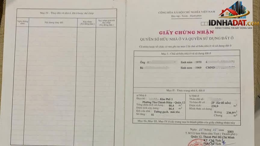 Bán nhà đất Đường Tân Chánh Hiệp 18 – Phường cũ Tân Chánh Hiệp Quận 12 – Thành phố Hồ Chí Minh 234 m² – 12.99 tỷ