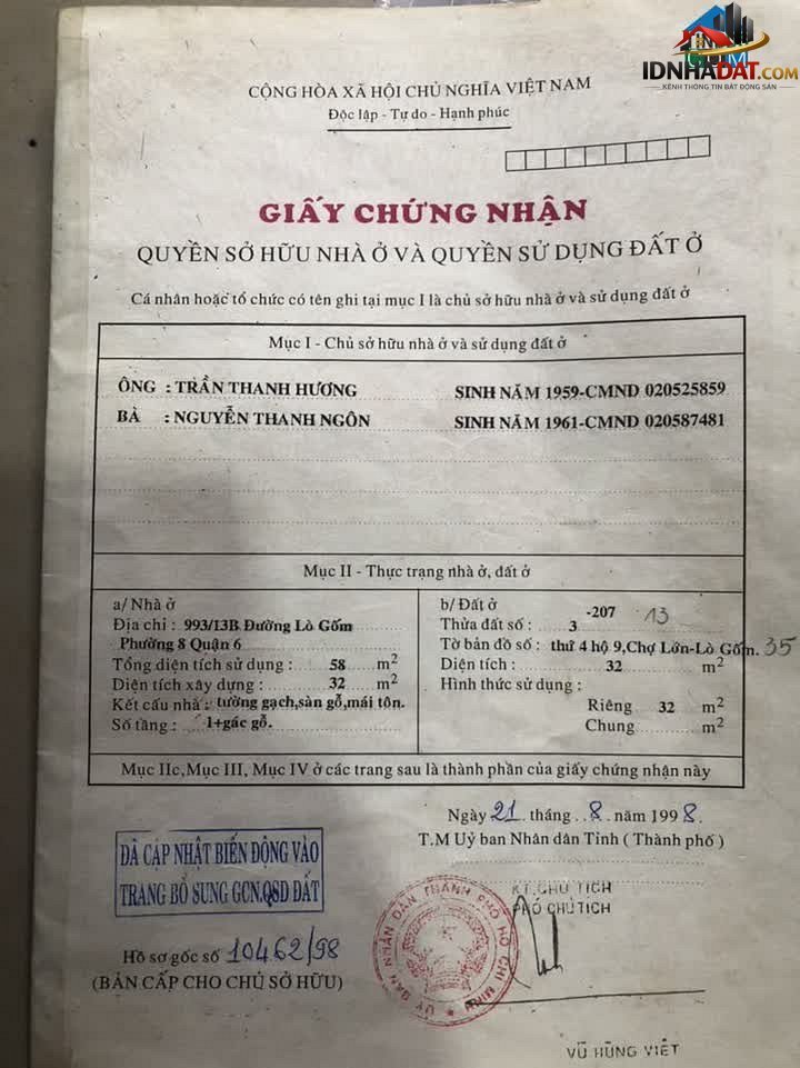 Bán nhà đất Đường Lò Gốm – Phường cũ 8 Quận 6 – Thành phố Hồ Chí Minh – Diện tích 34 m² – Giá 3.5 tỷ